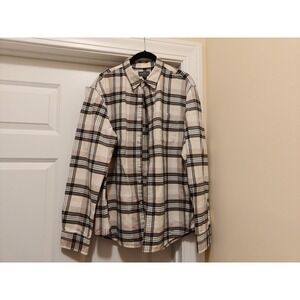 LL Bean Signature Slim Fit Plaid Button Down Shirt Mens Large Cream Tan 300556